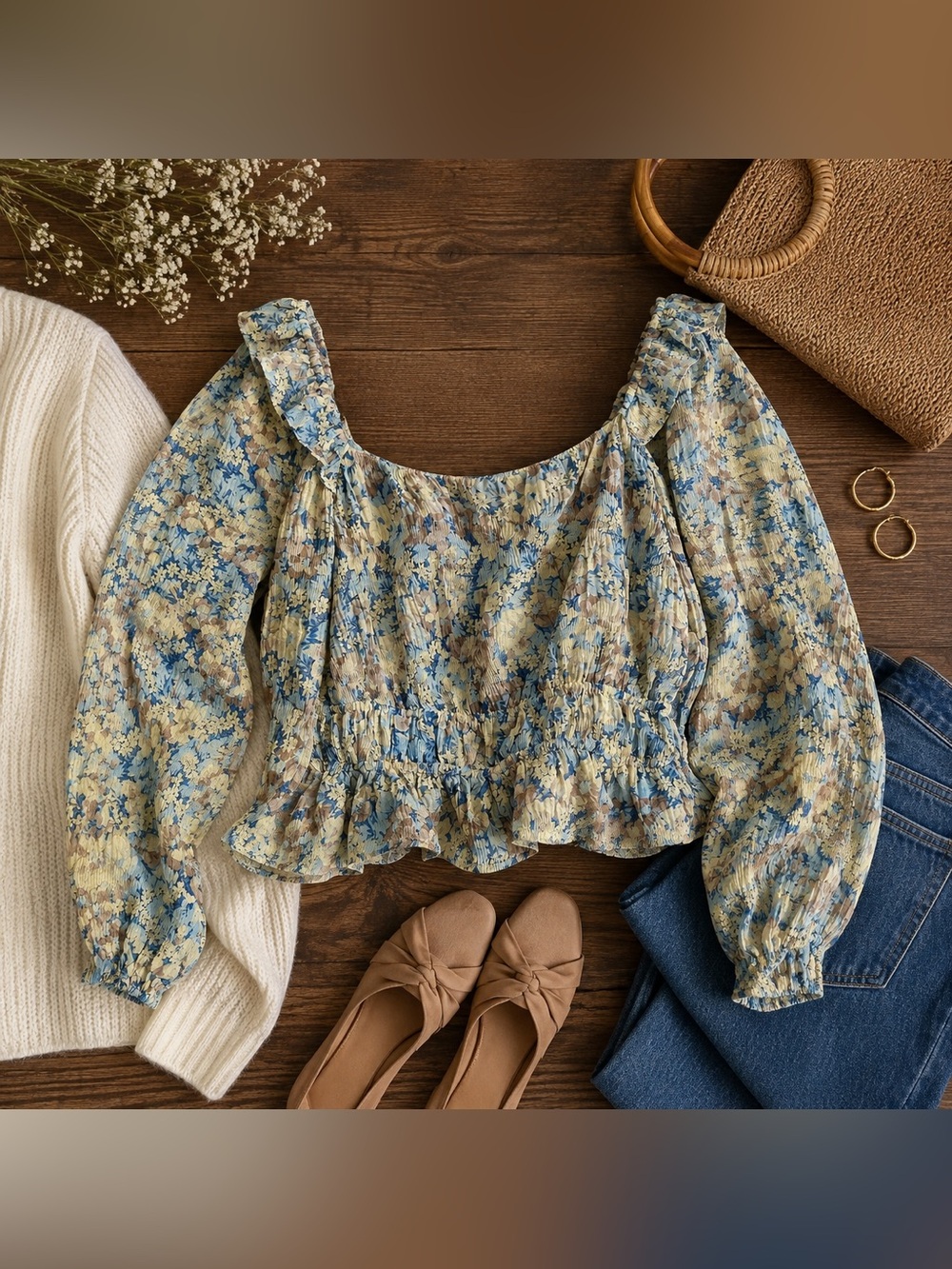 ASTR The Label Blue Taupe Floral Smocked Peplum Blouse XS Anthropologie